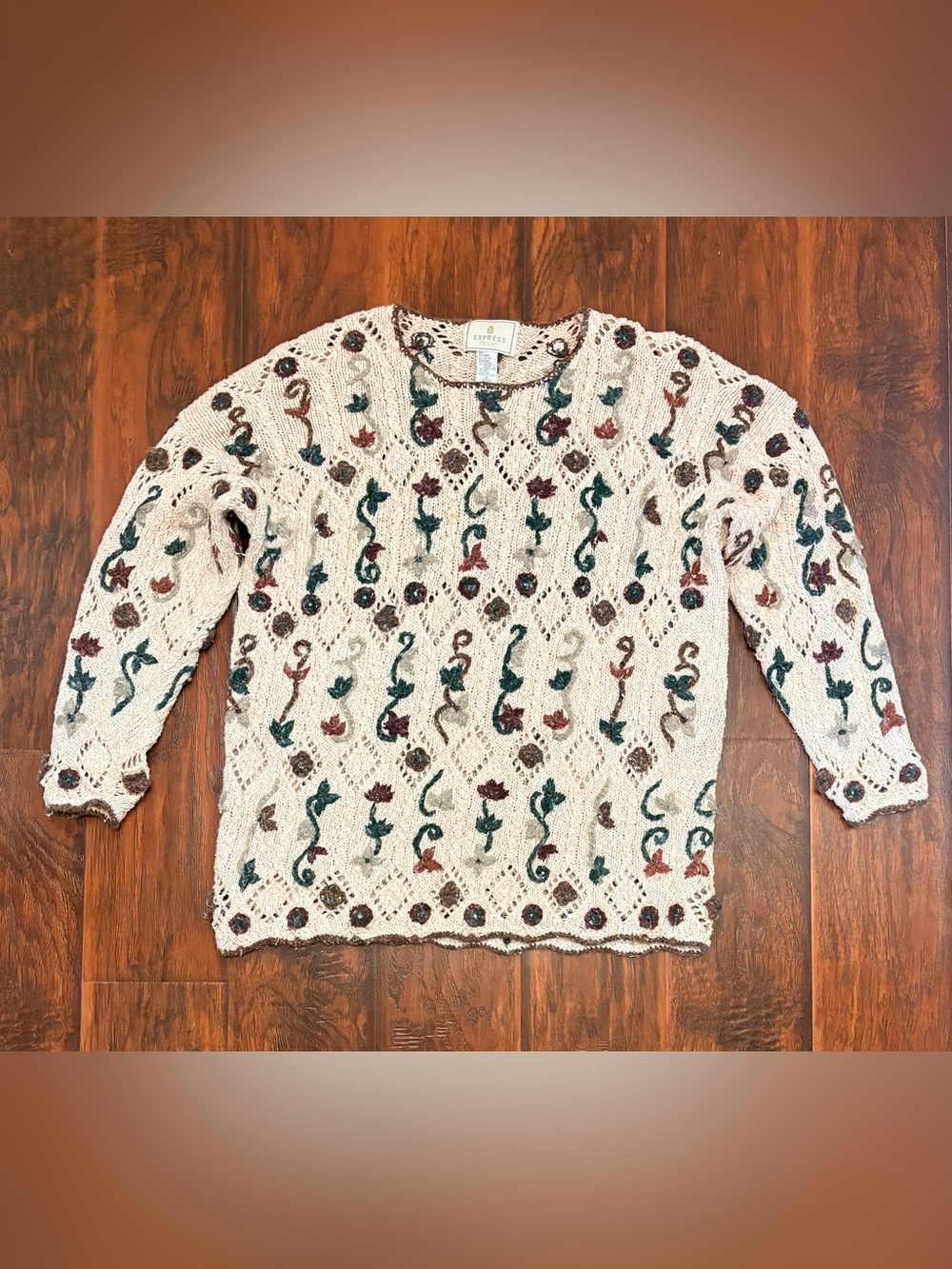 Express Tricot Embroidered Floral Open Knit Sweater Women’s M Cream